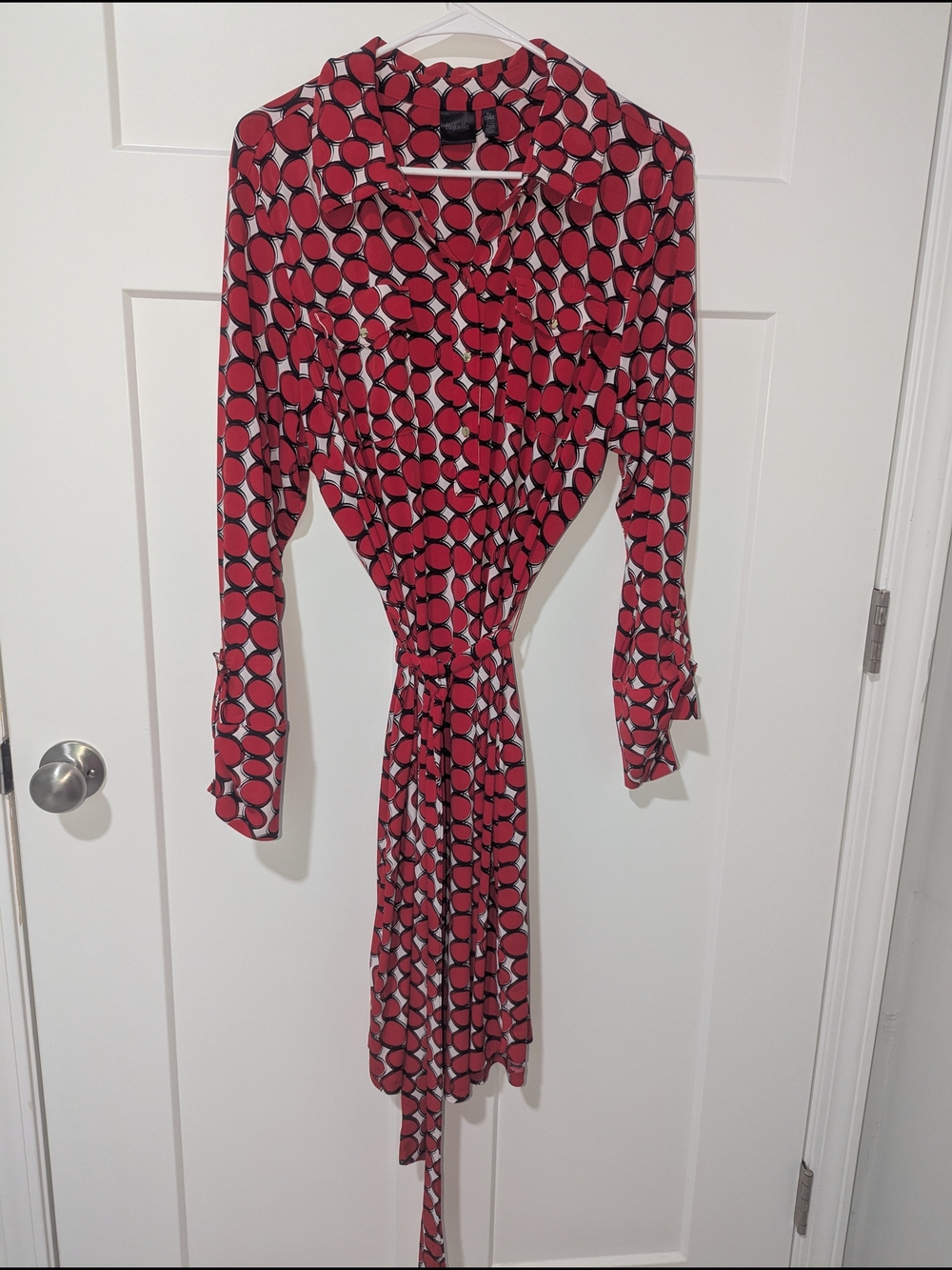 Red Geometric Tie-Waist Long Sleeve Shirt Dress